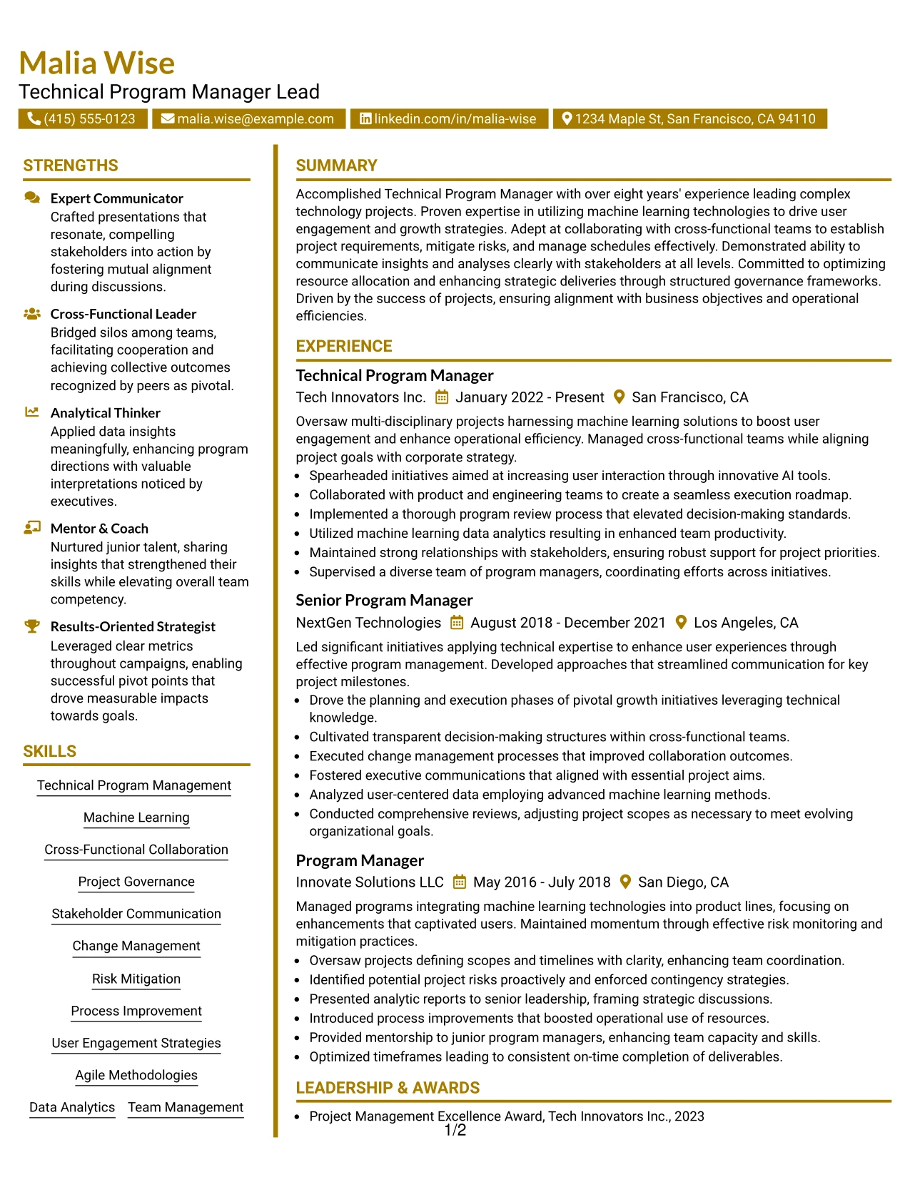 Resume Example Page 1
