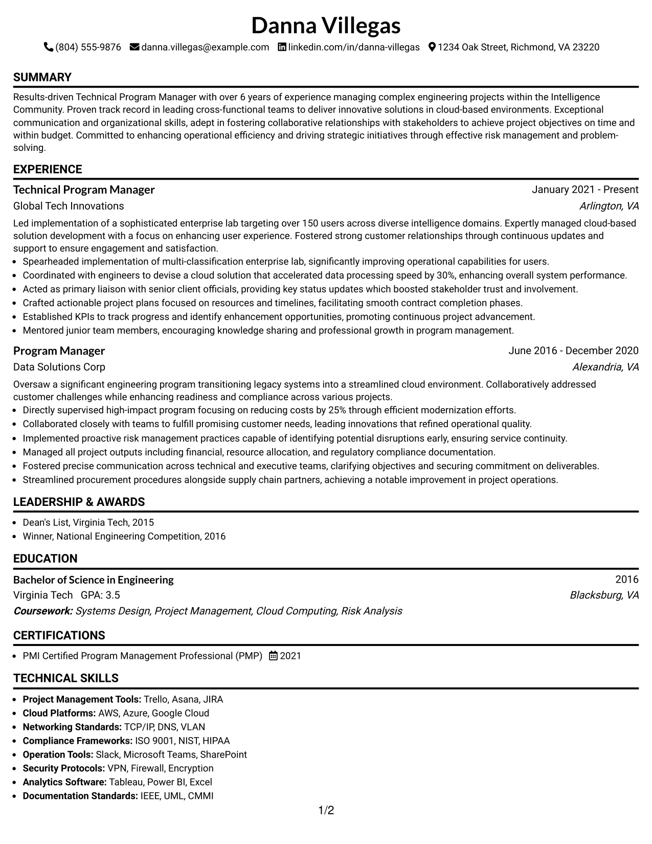 Resume Example Page 1