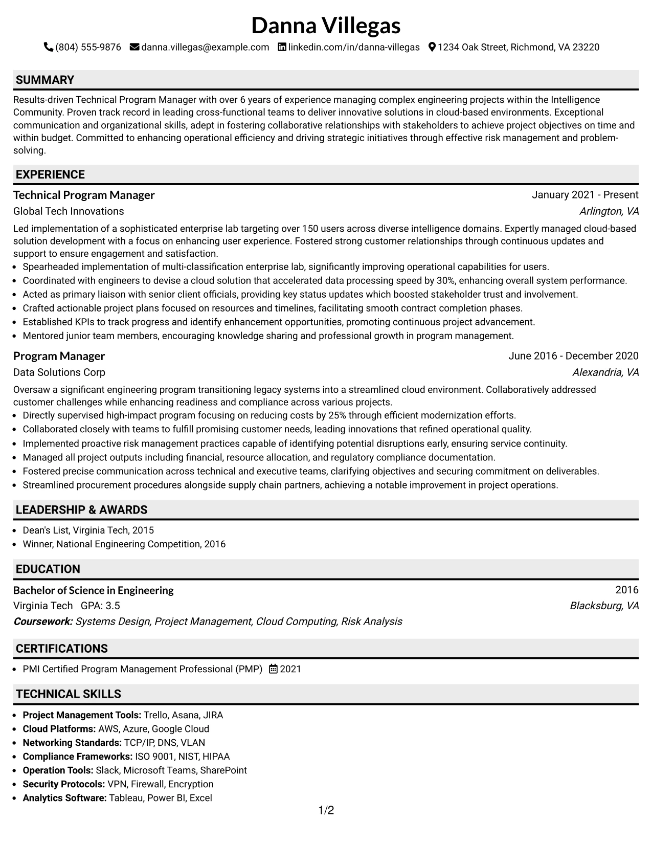 Resume Example Page 1