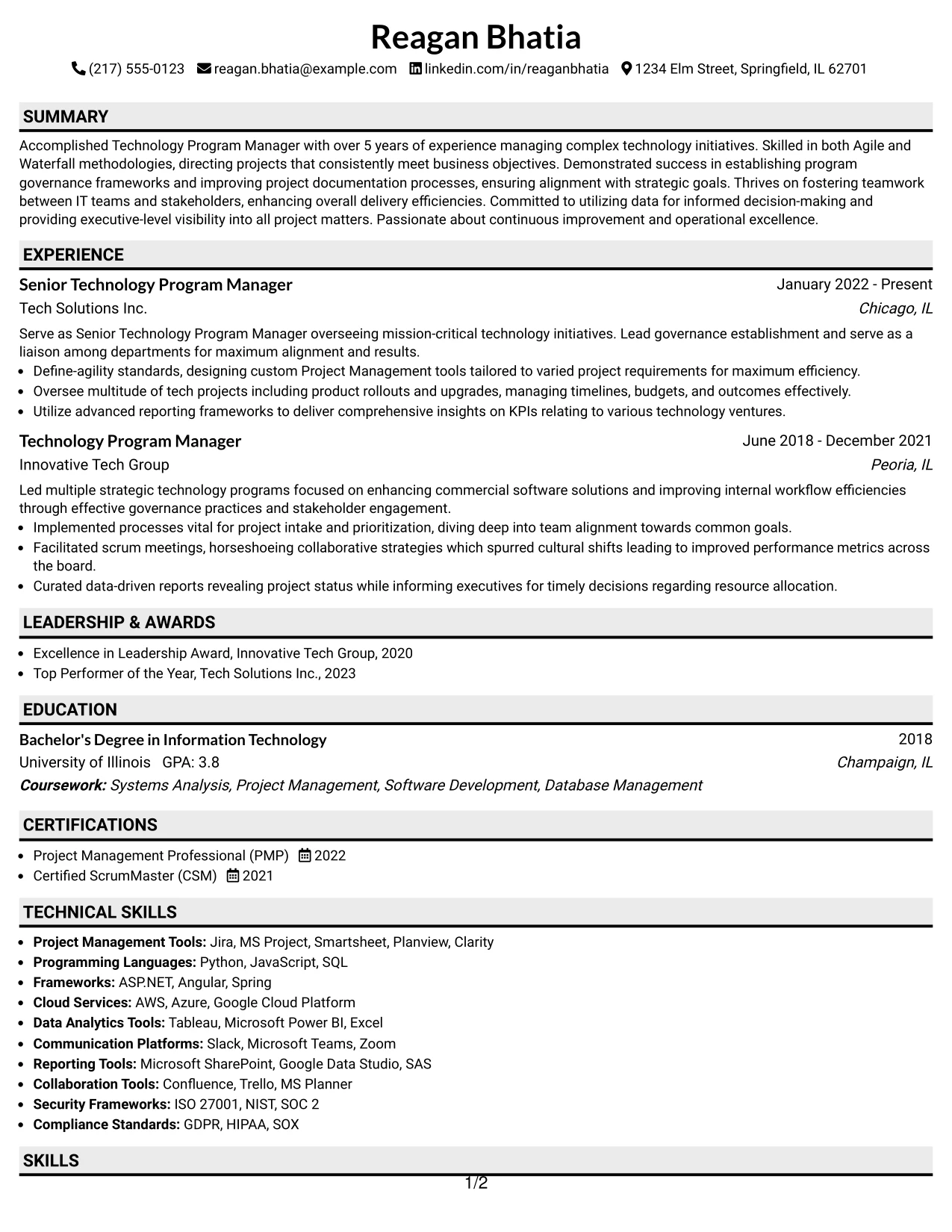 Resume Example Page 1
