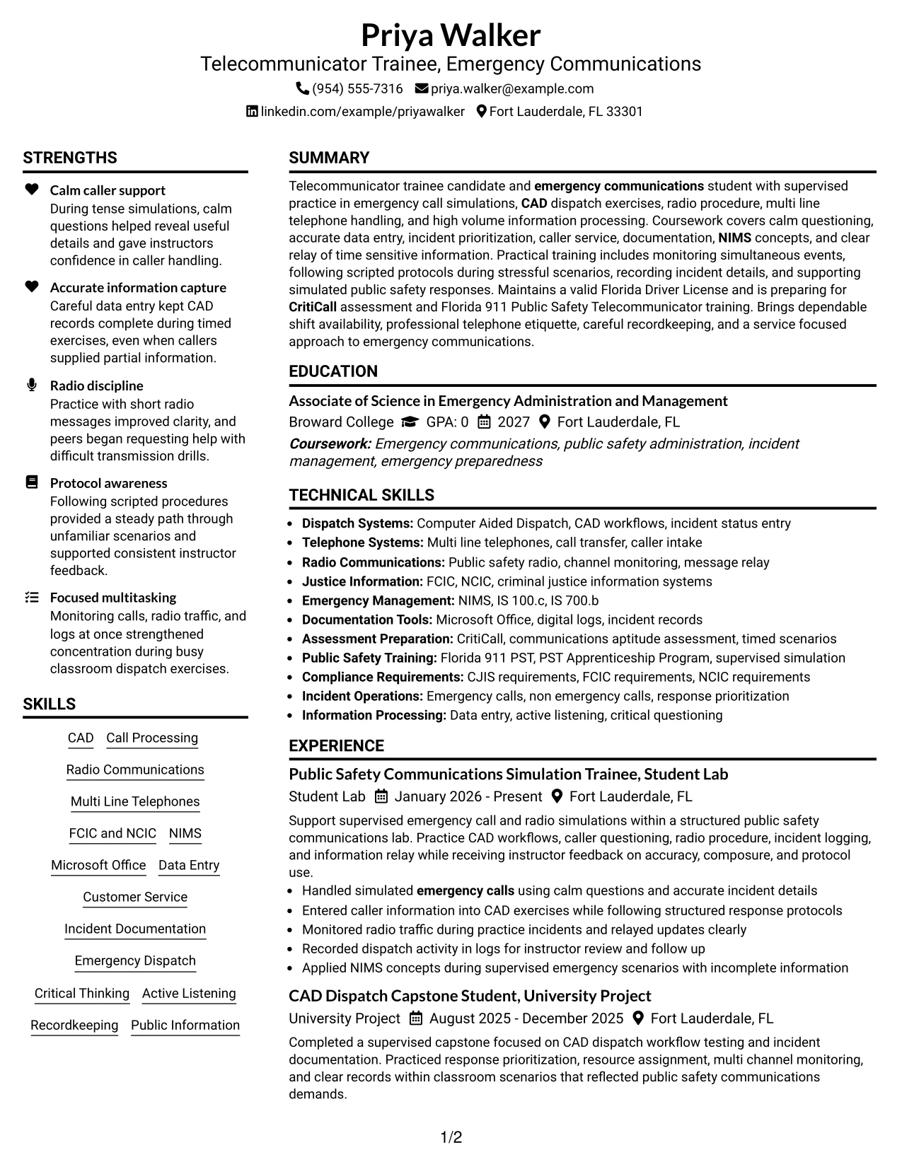 Resume Example Page 1