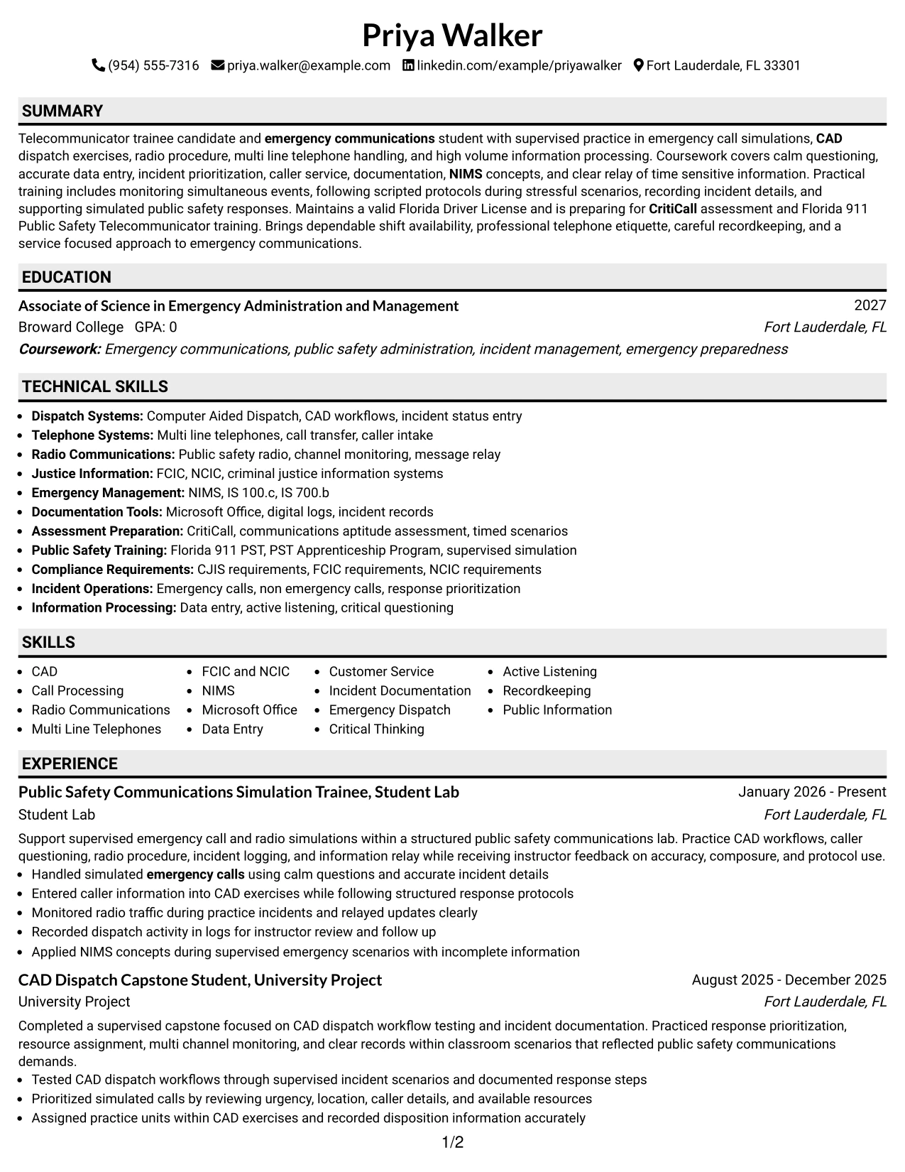 Resume Example Page 1