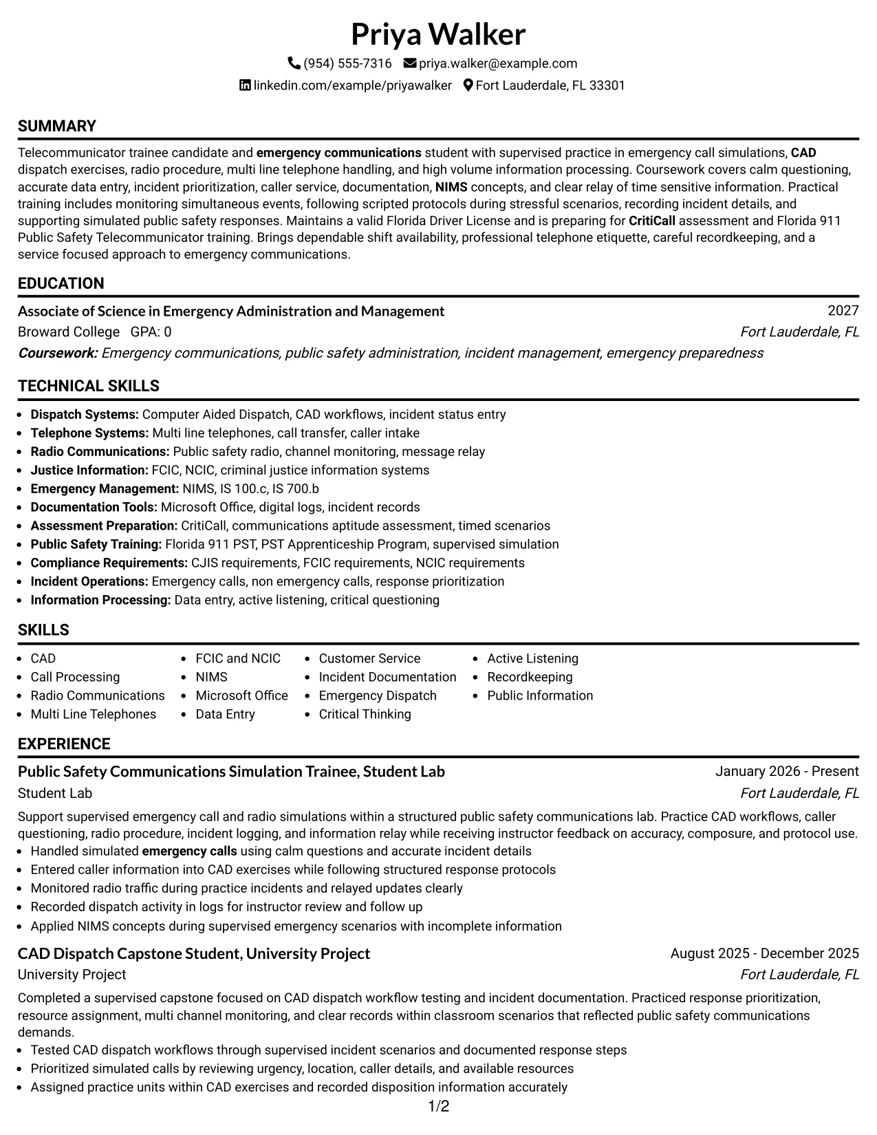 Resume Example Page 1