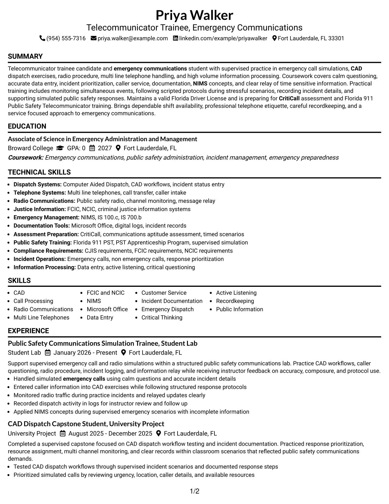 Resume Example Page 1