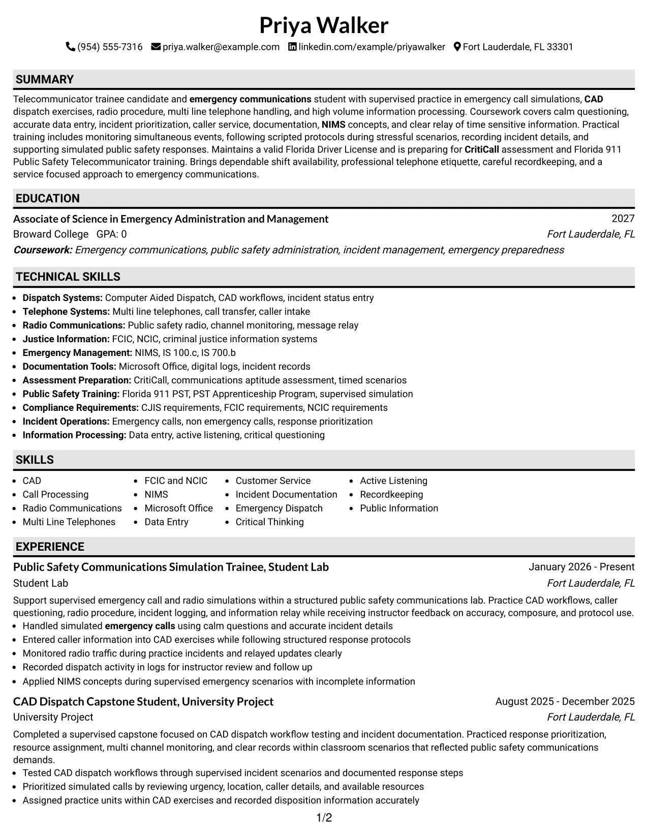 Resume Example Page 1