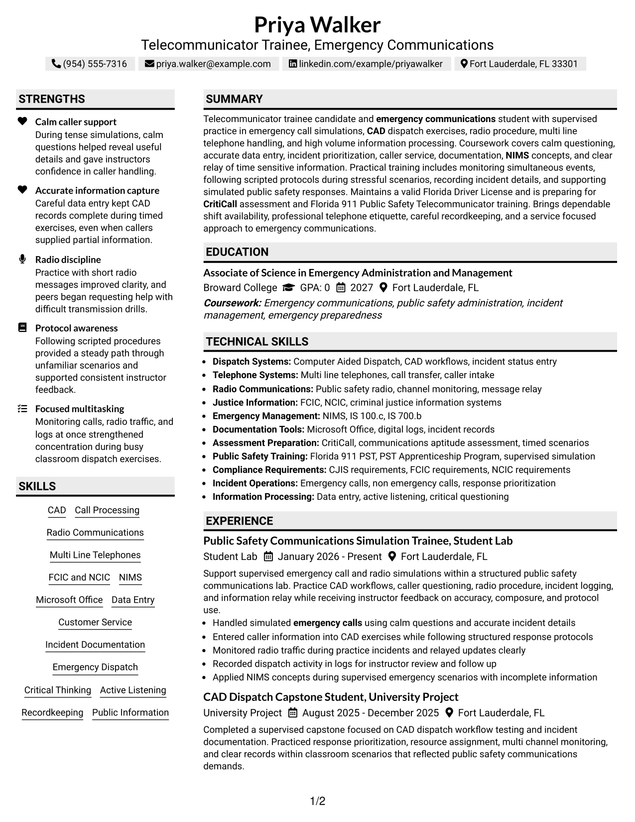 Resume Example Page 1
