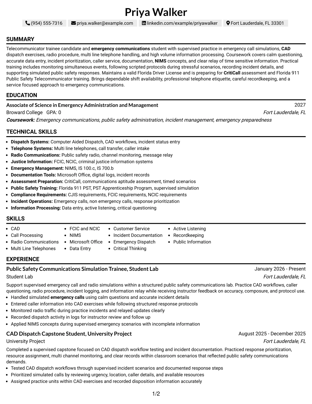 Resume Example Page 1