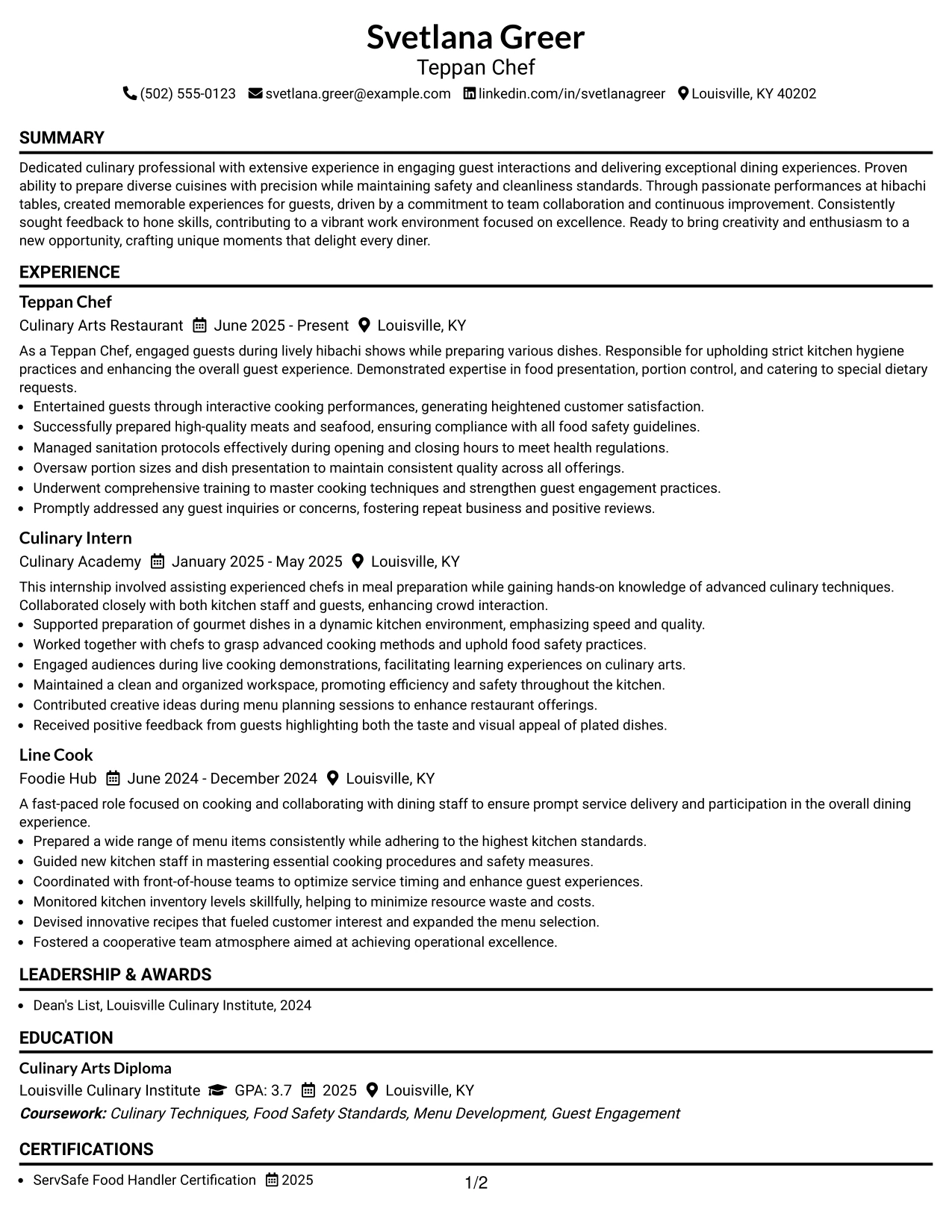 Resume Example Page 1