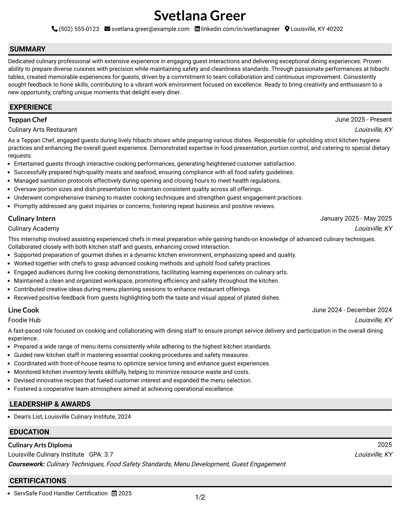 Resume Example Page 1