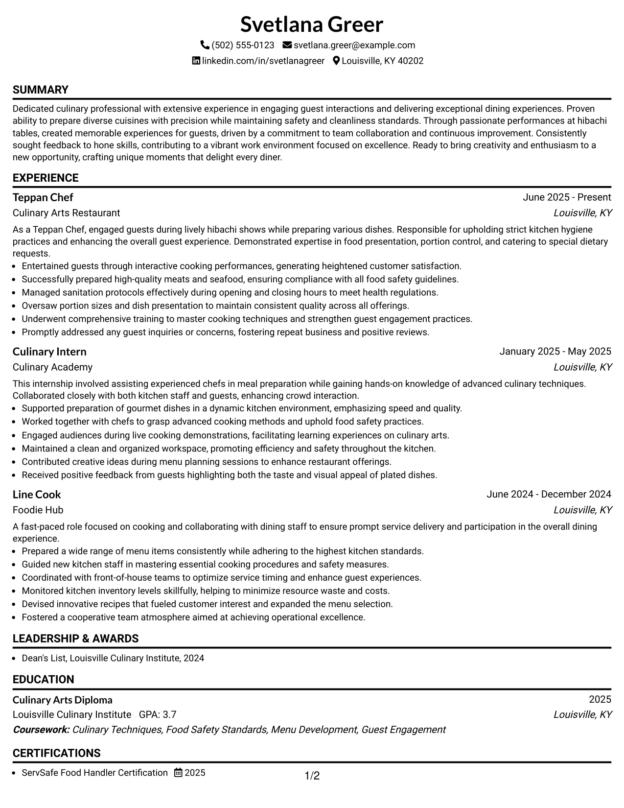 Resume Example Page 1