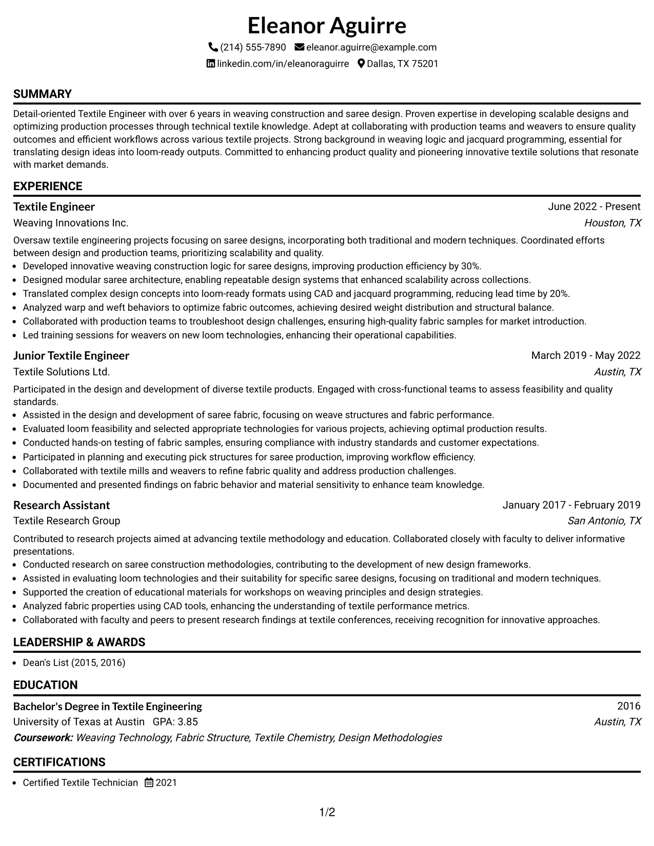 Resume Example Page 1