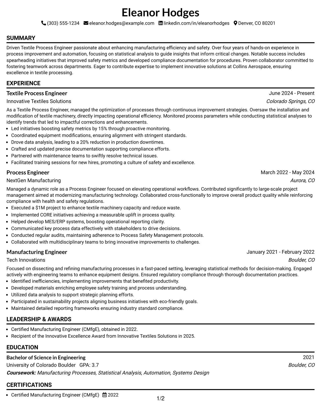 Resume Example Page 1