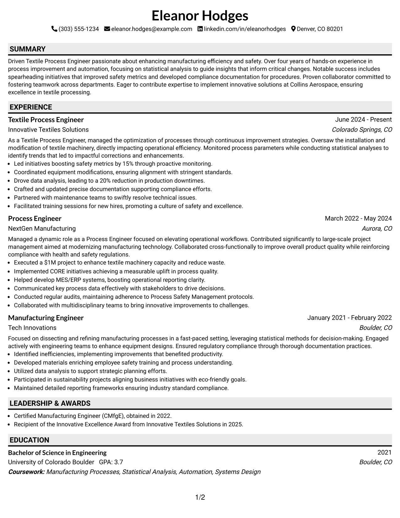 Resume Example Page 1