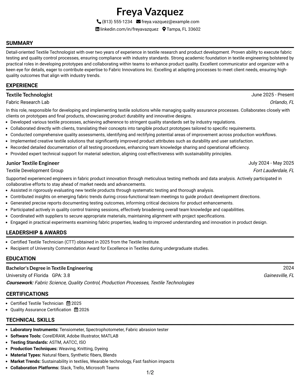 Resume Example Page 1