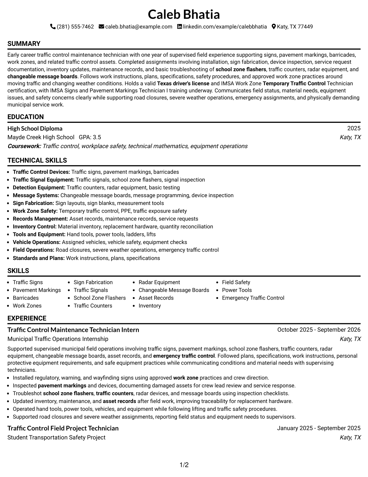 Resume Example Page 1