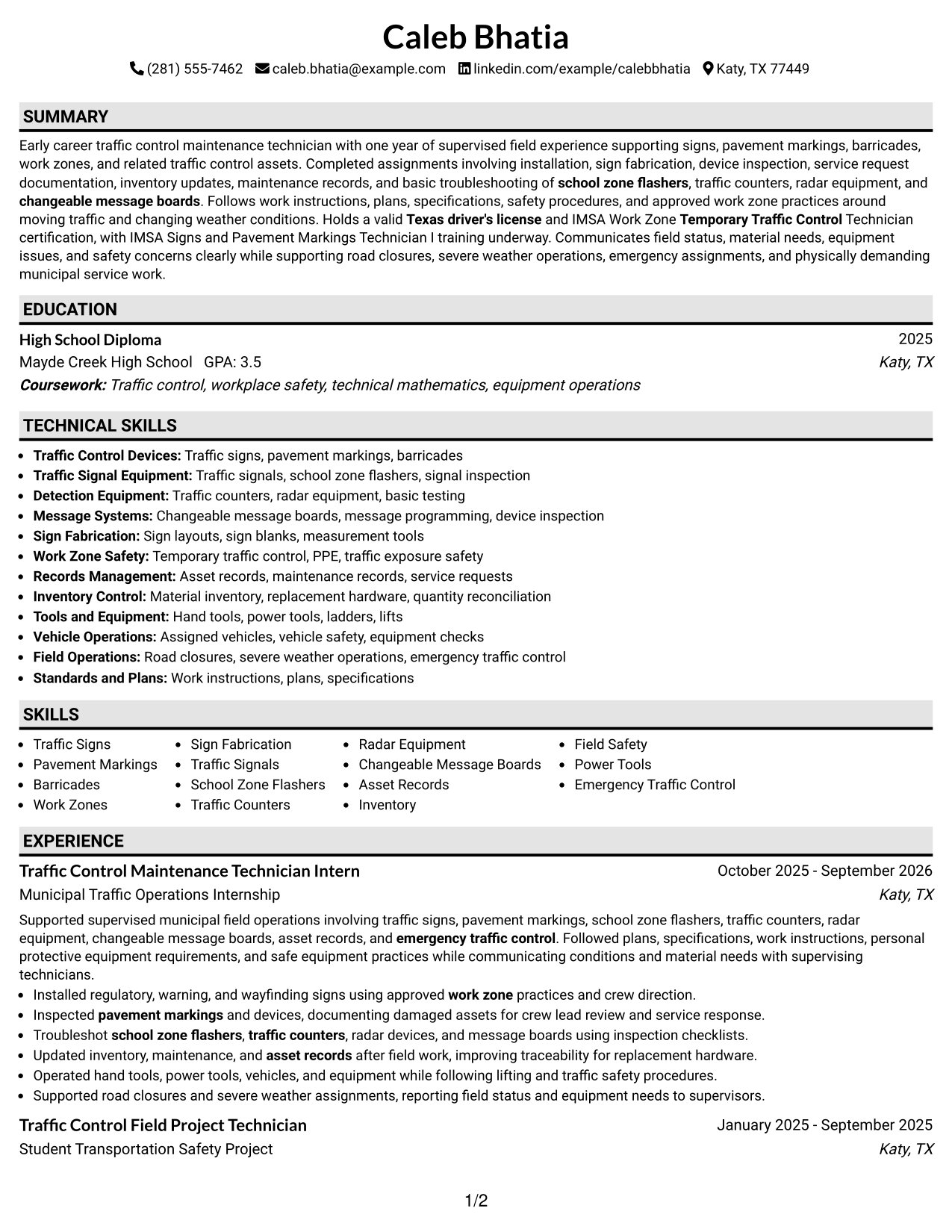 Resume Example Page 1