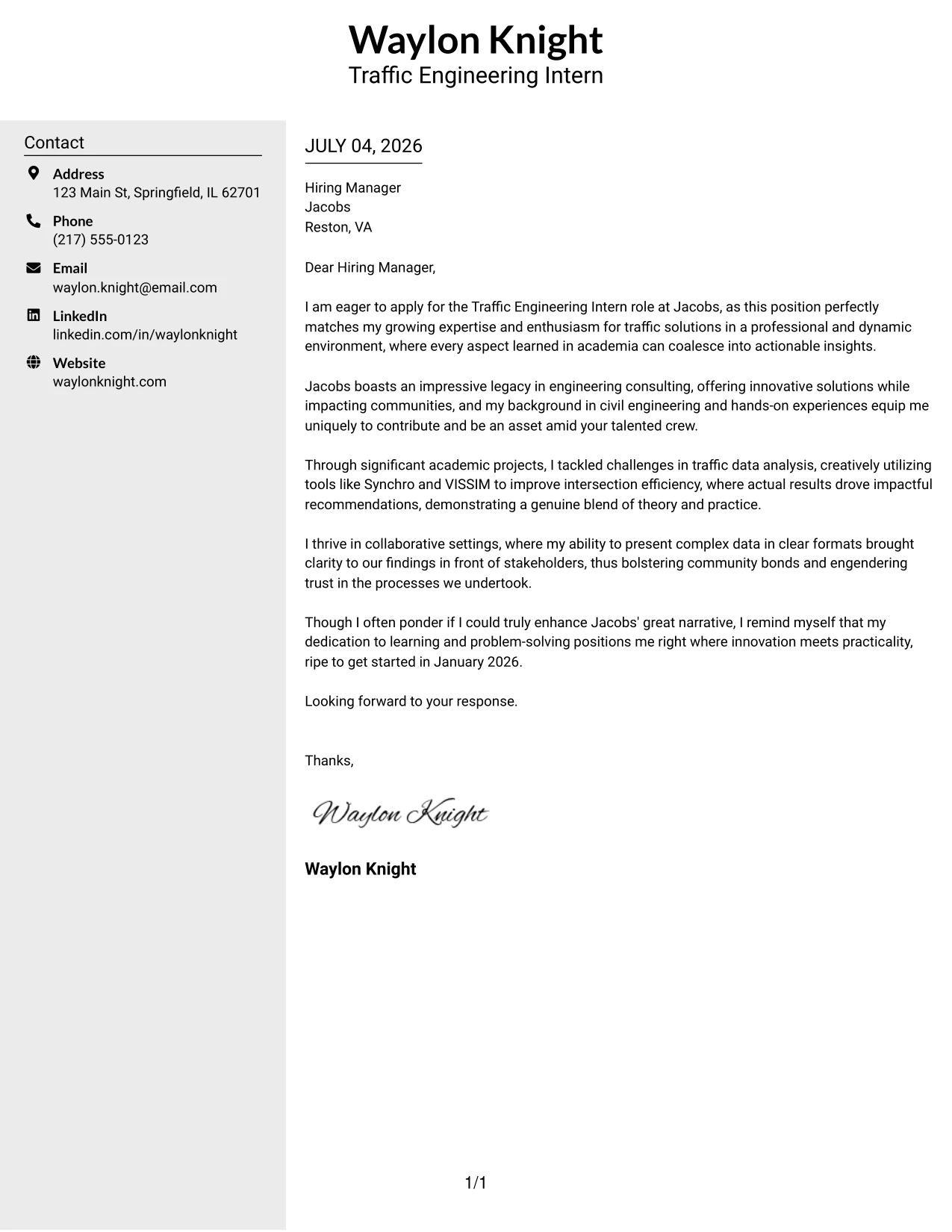 Resume Example Page 1