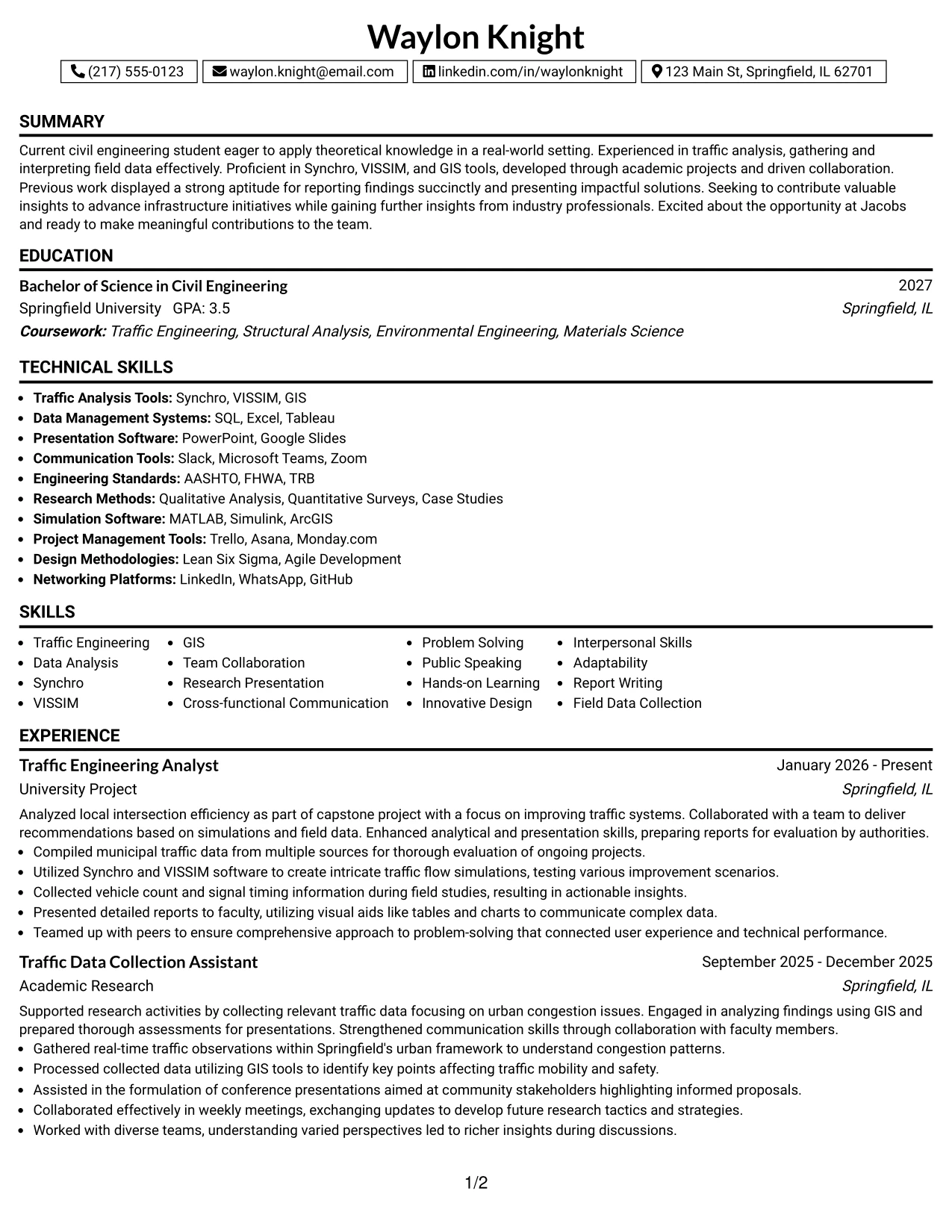 Resume Example Page 1