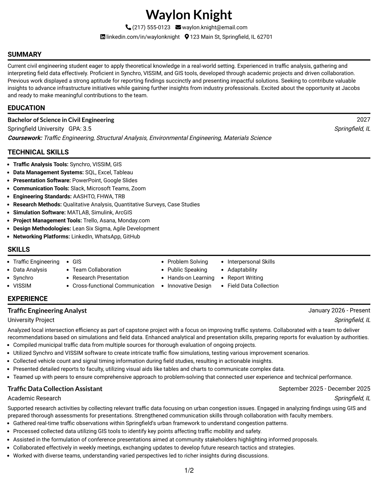 Resume Example Page 1