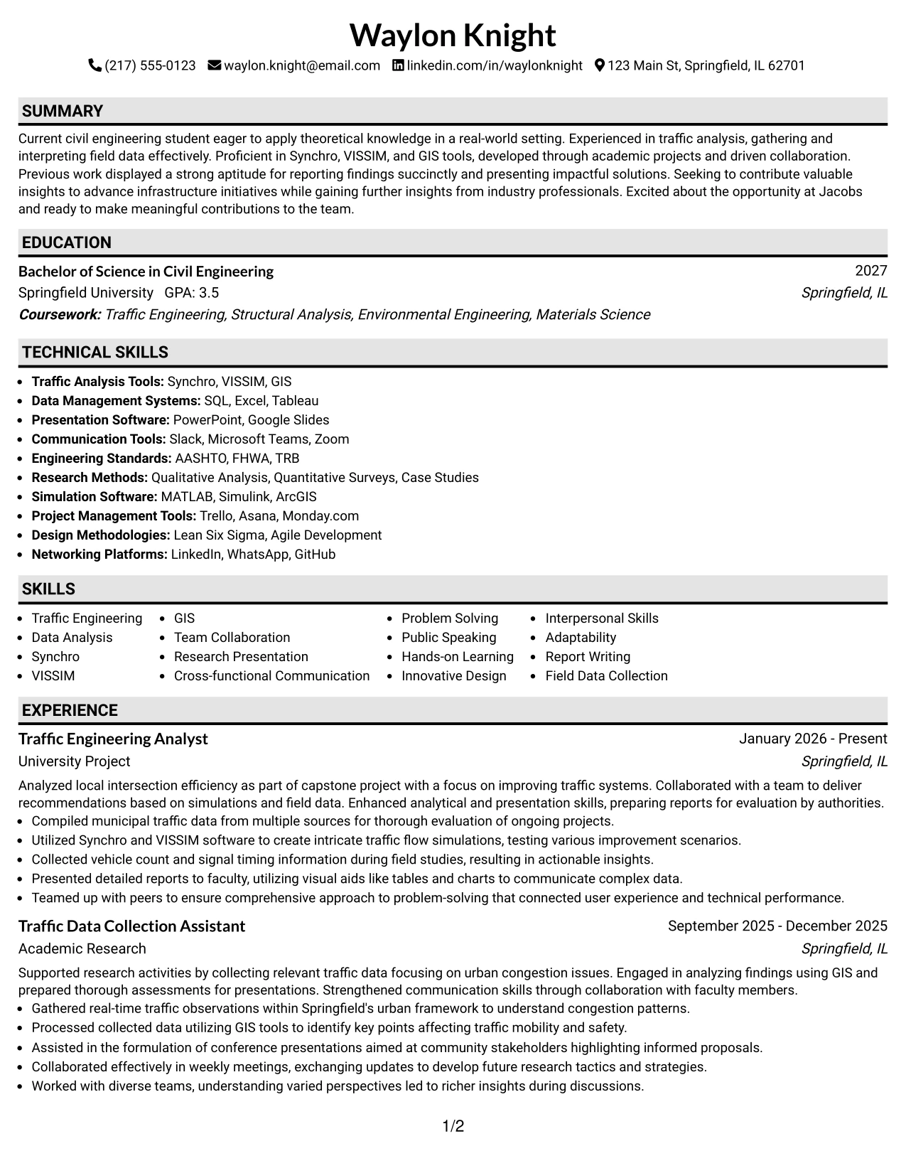 Resume Example Page 1