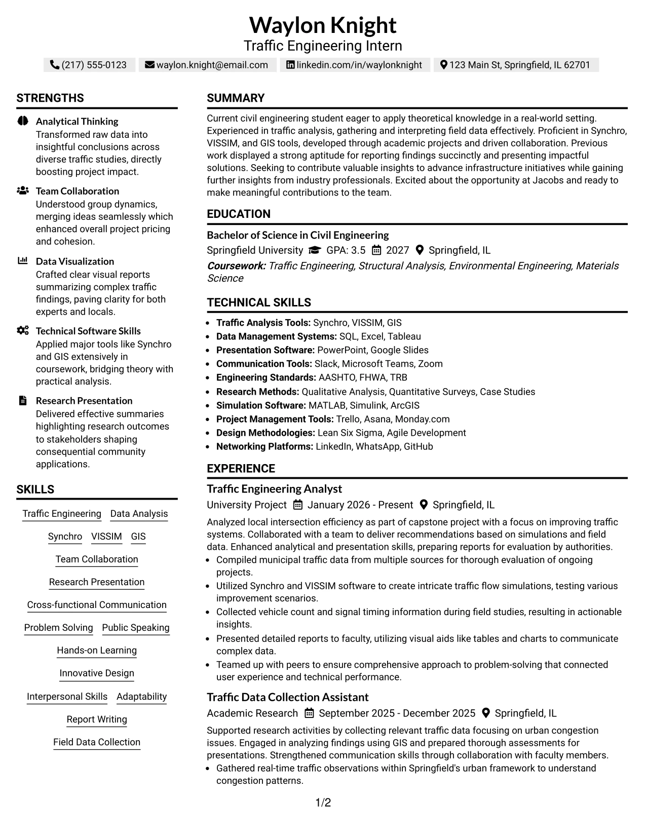 Resume Example Page 1