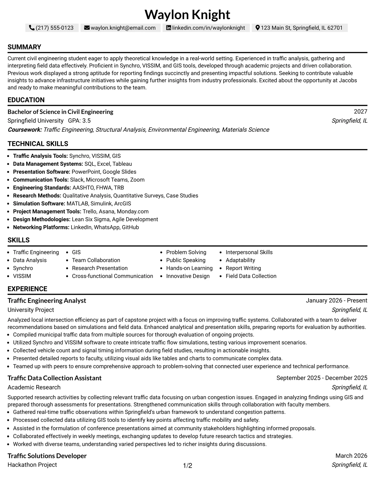 Resume Example Page 1
