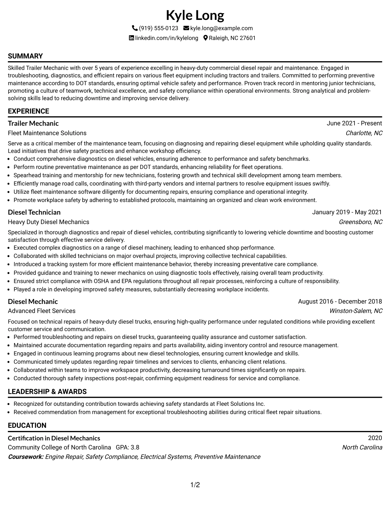 Resume Example Page 1