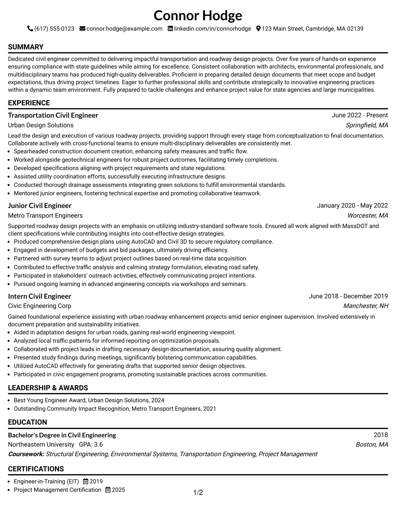 Resume Example Page 1