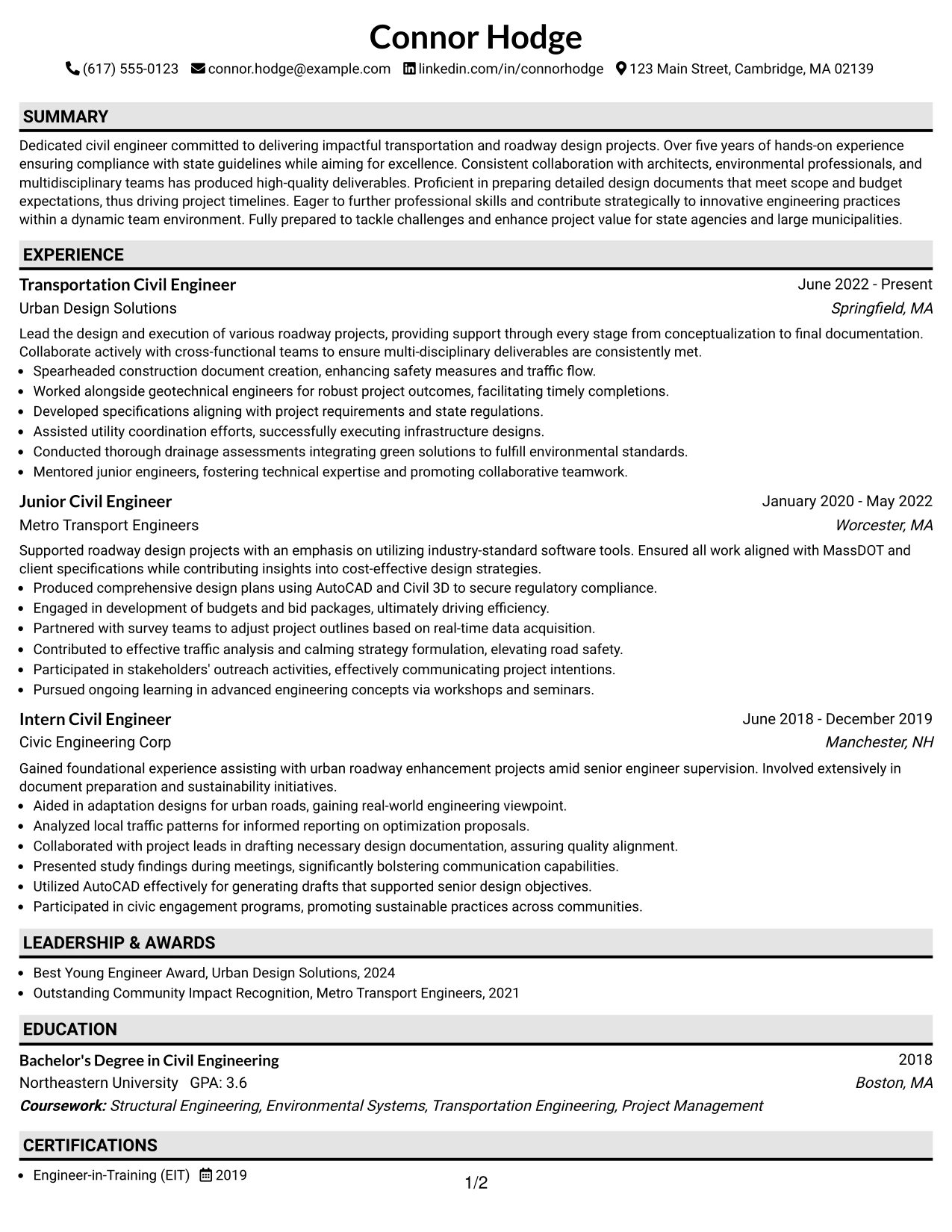 Resume Example Page 1
