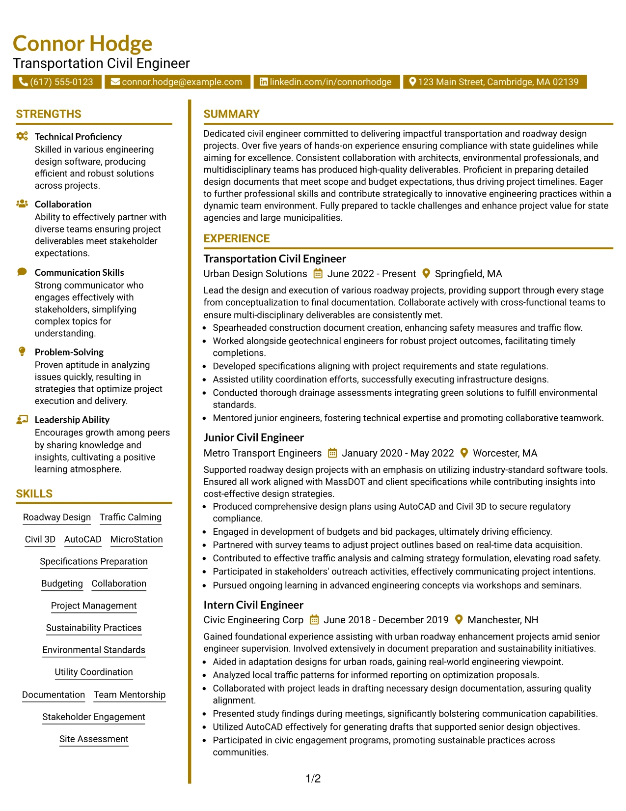 Resume Example Page 1