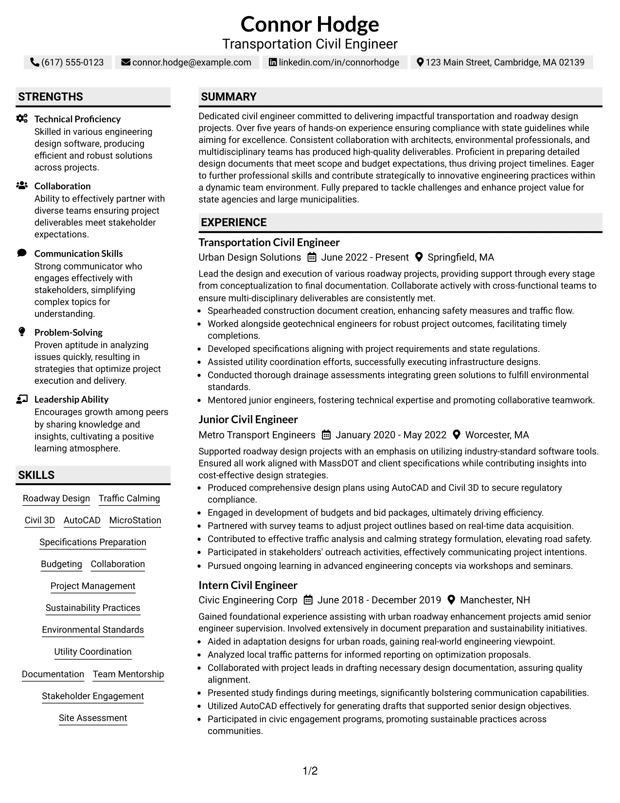 Resume Example Page 1