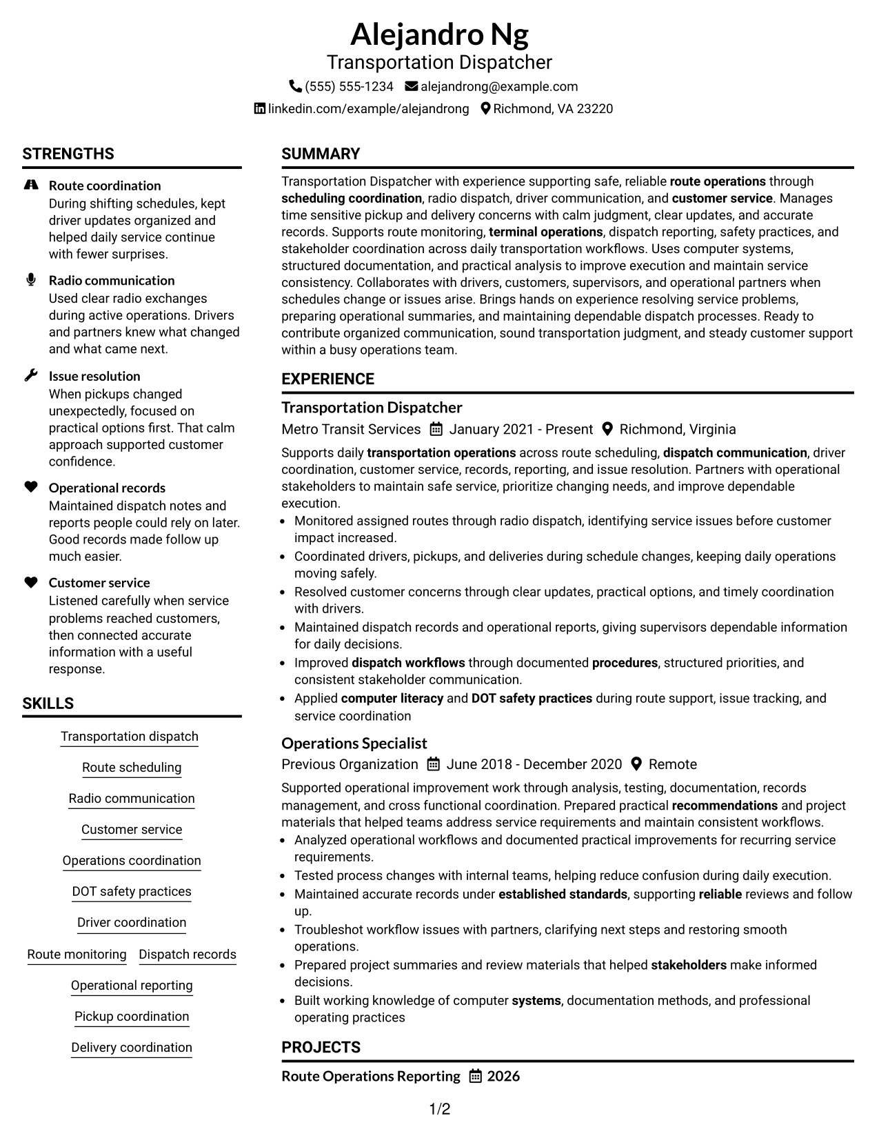 Resume Example Page 1