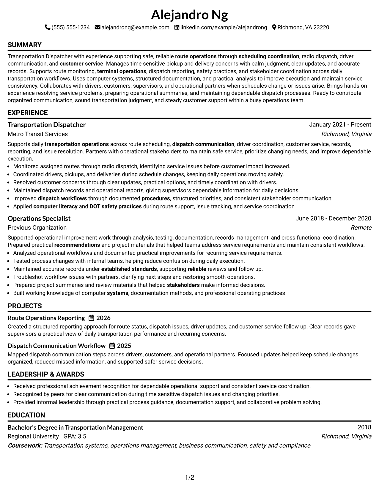 Resume Example Page 1
