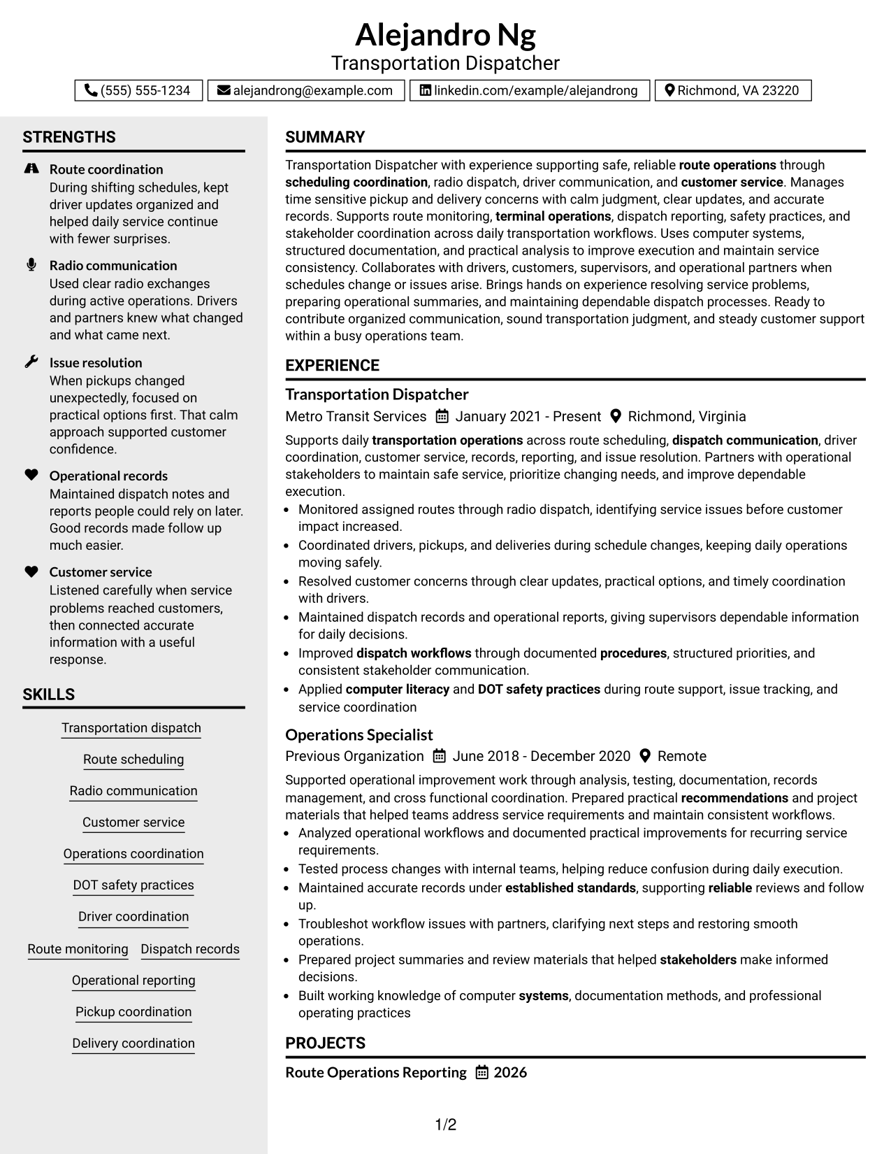 Resume Example Page 1