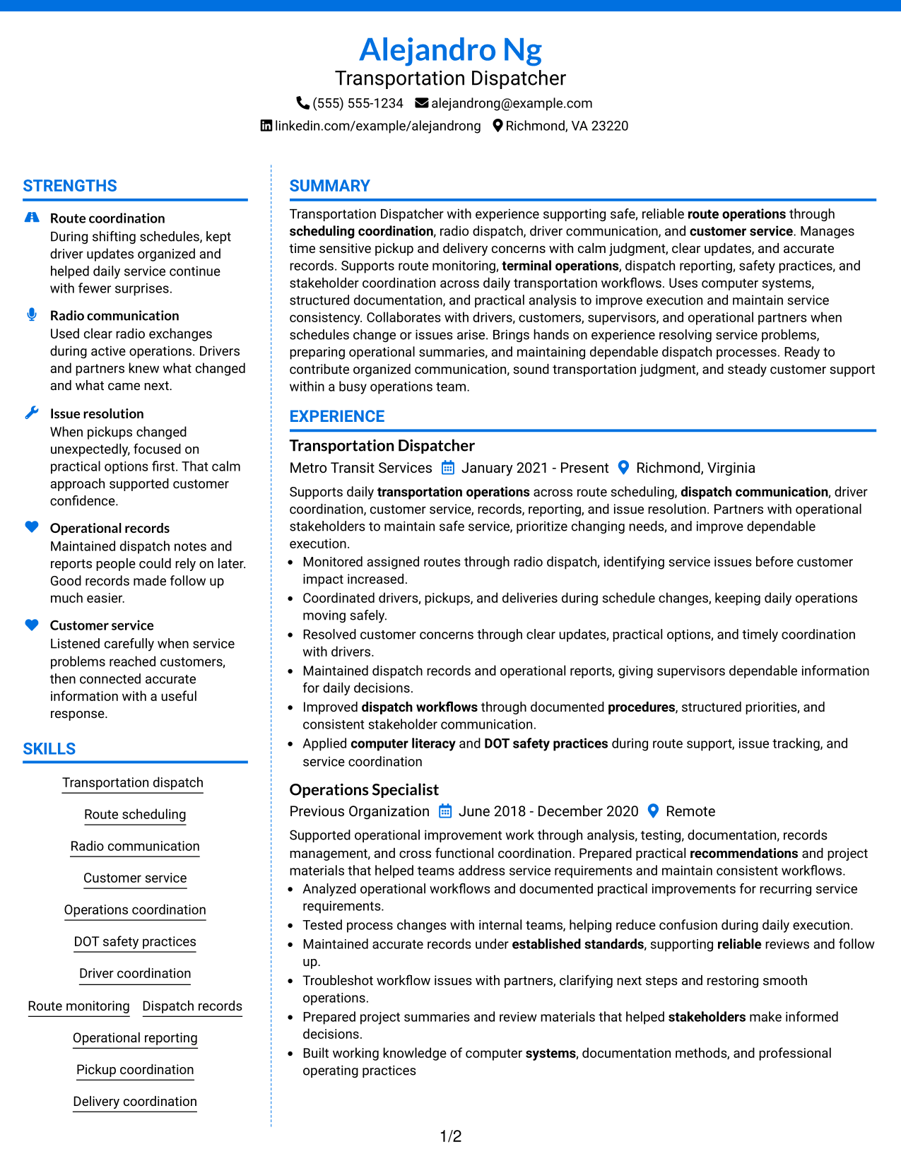 Resume Example Page 1