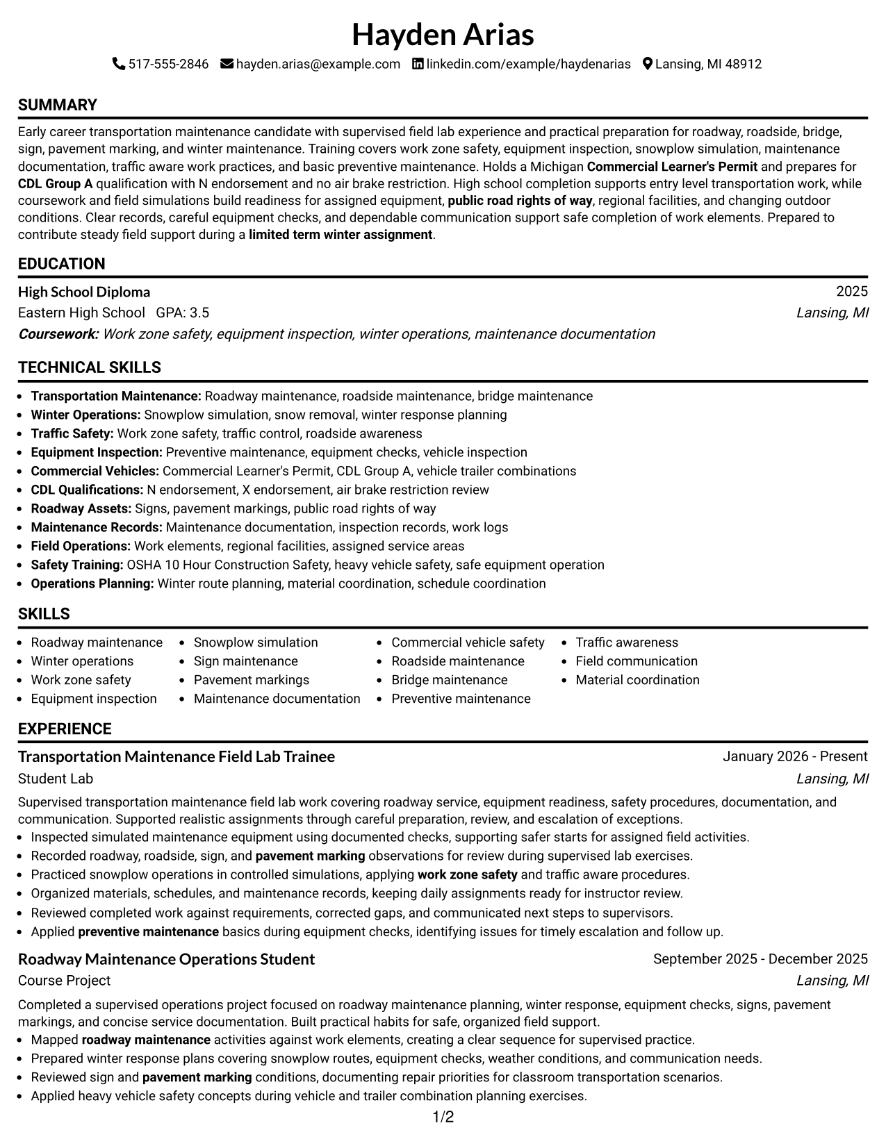 Resume Example Page 1