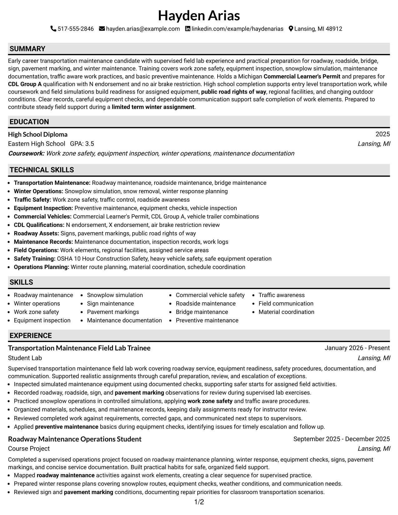 Resume Example Page 1