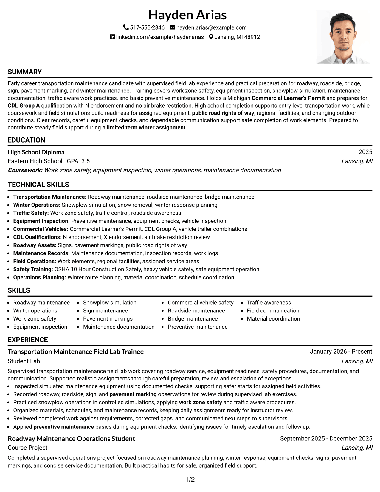 Resume Example Page 1