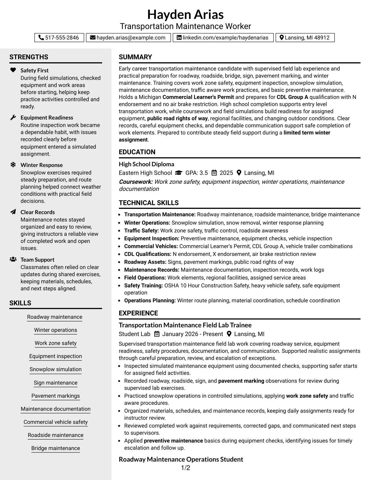 Resume Example Page 1