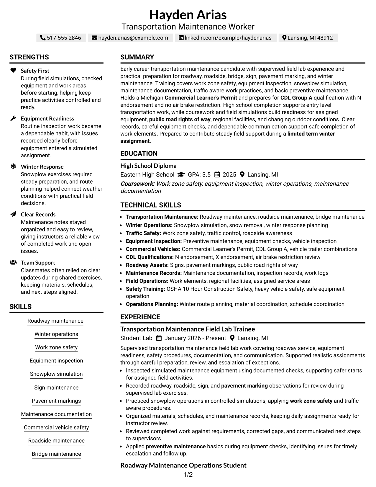 Resume Example Page 1