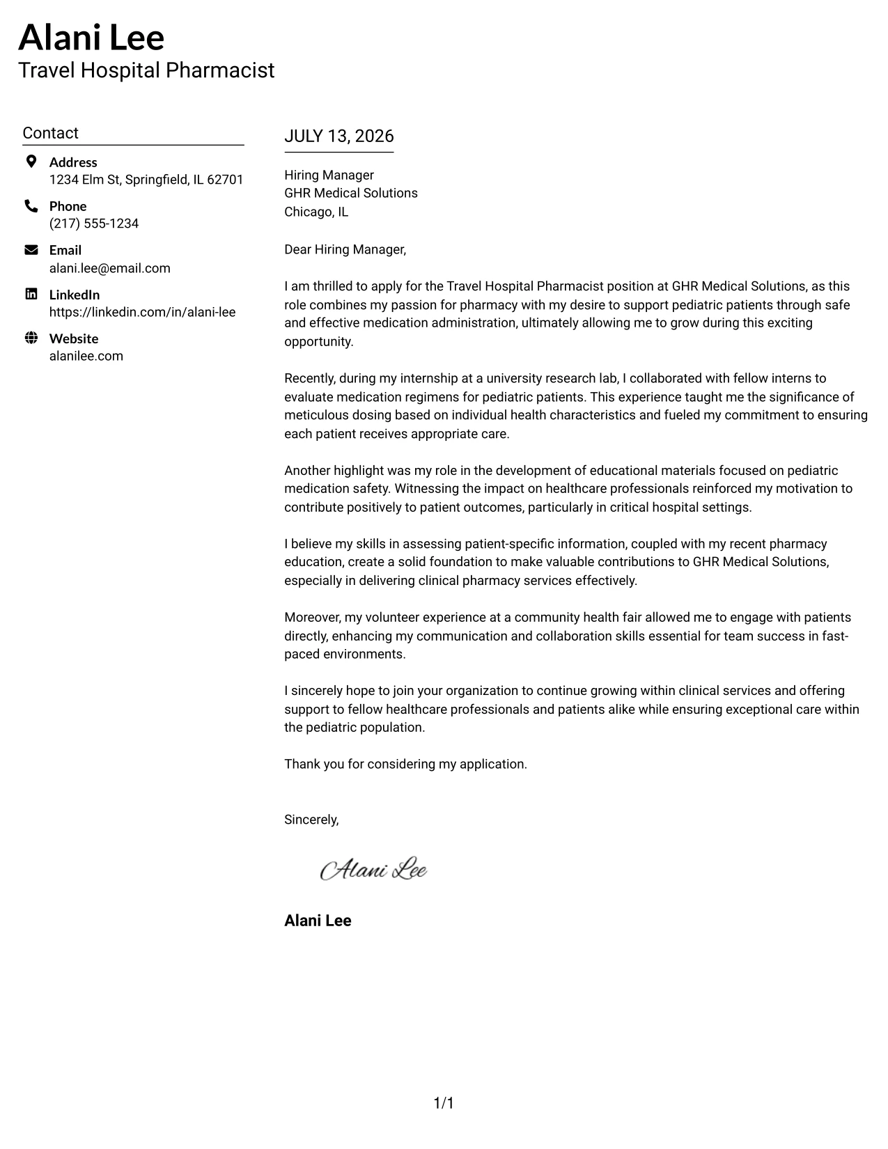 Resume Example Page 1