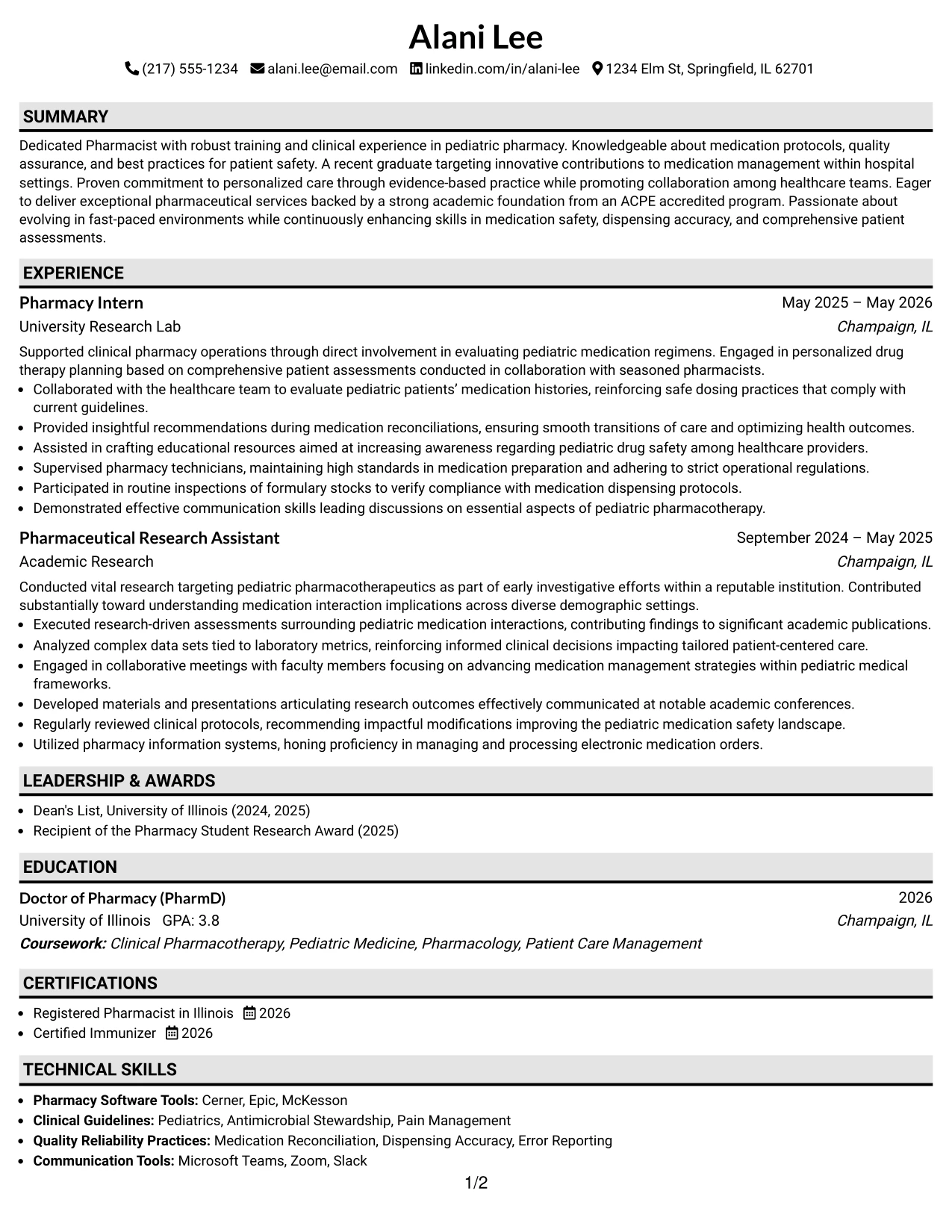Resume Example Page 1