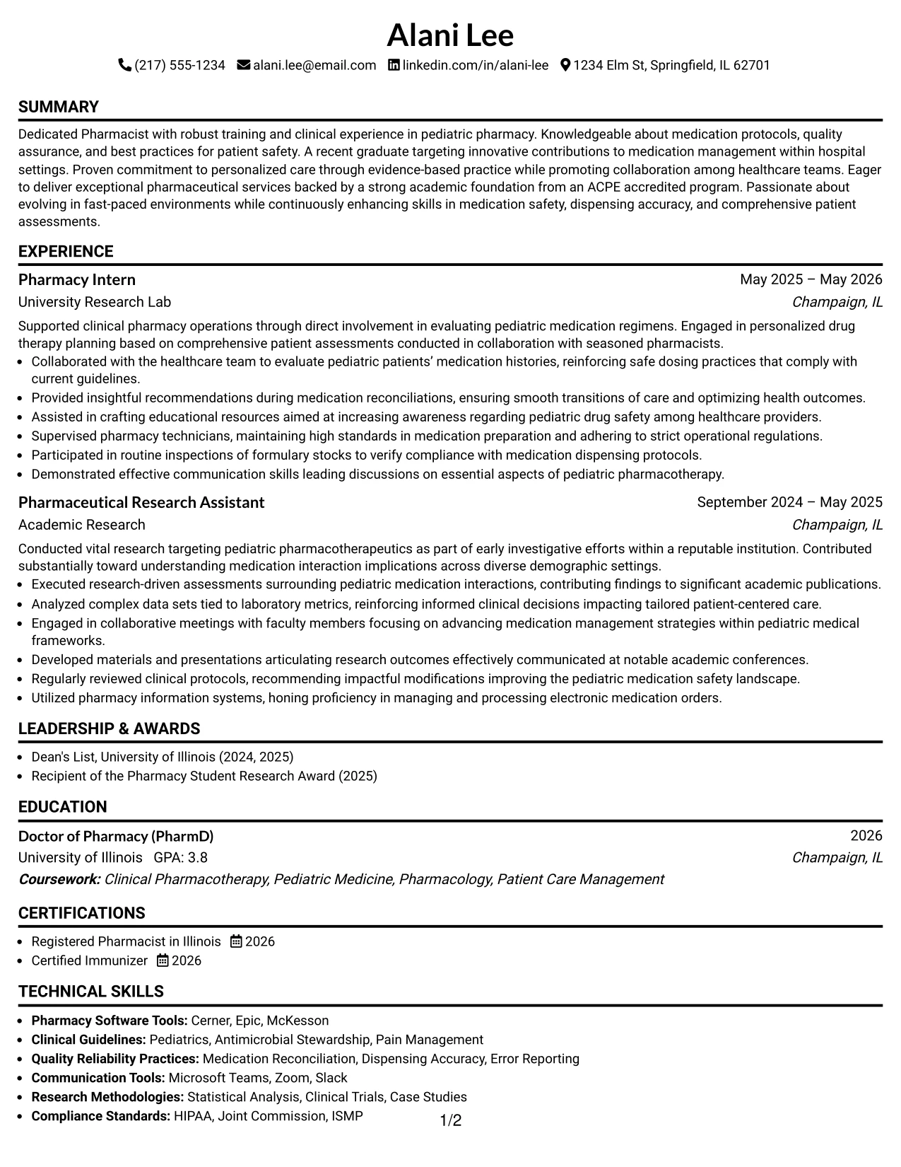 Resume Example Page 1