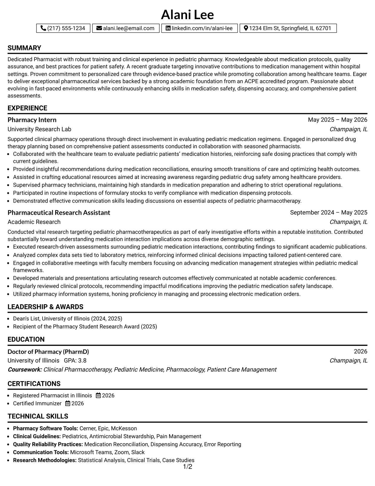 Resume Example Page 1