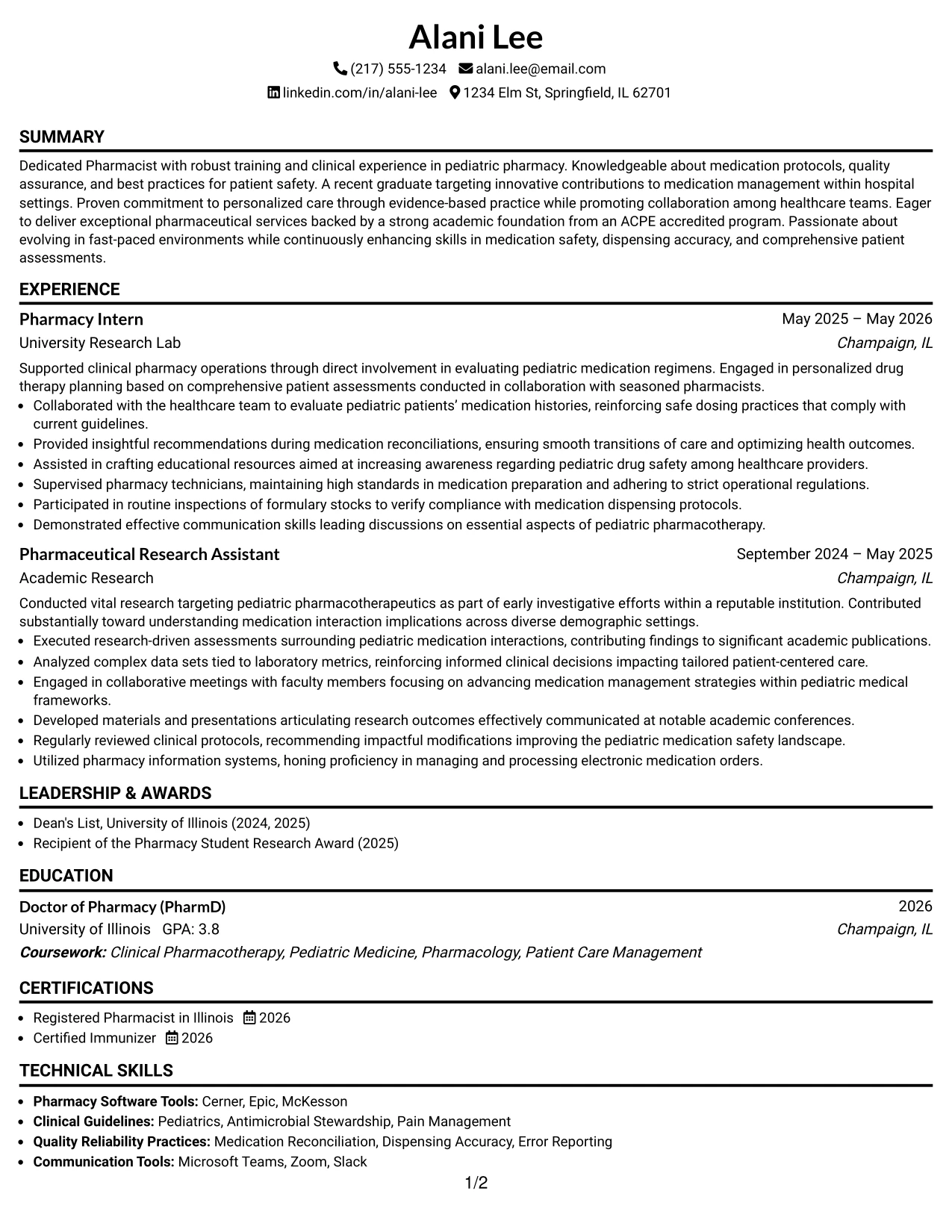 Resume Example Page 1