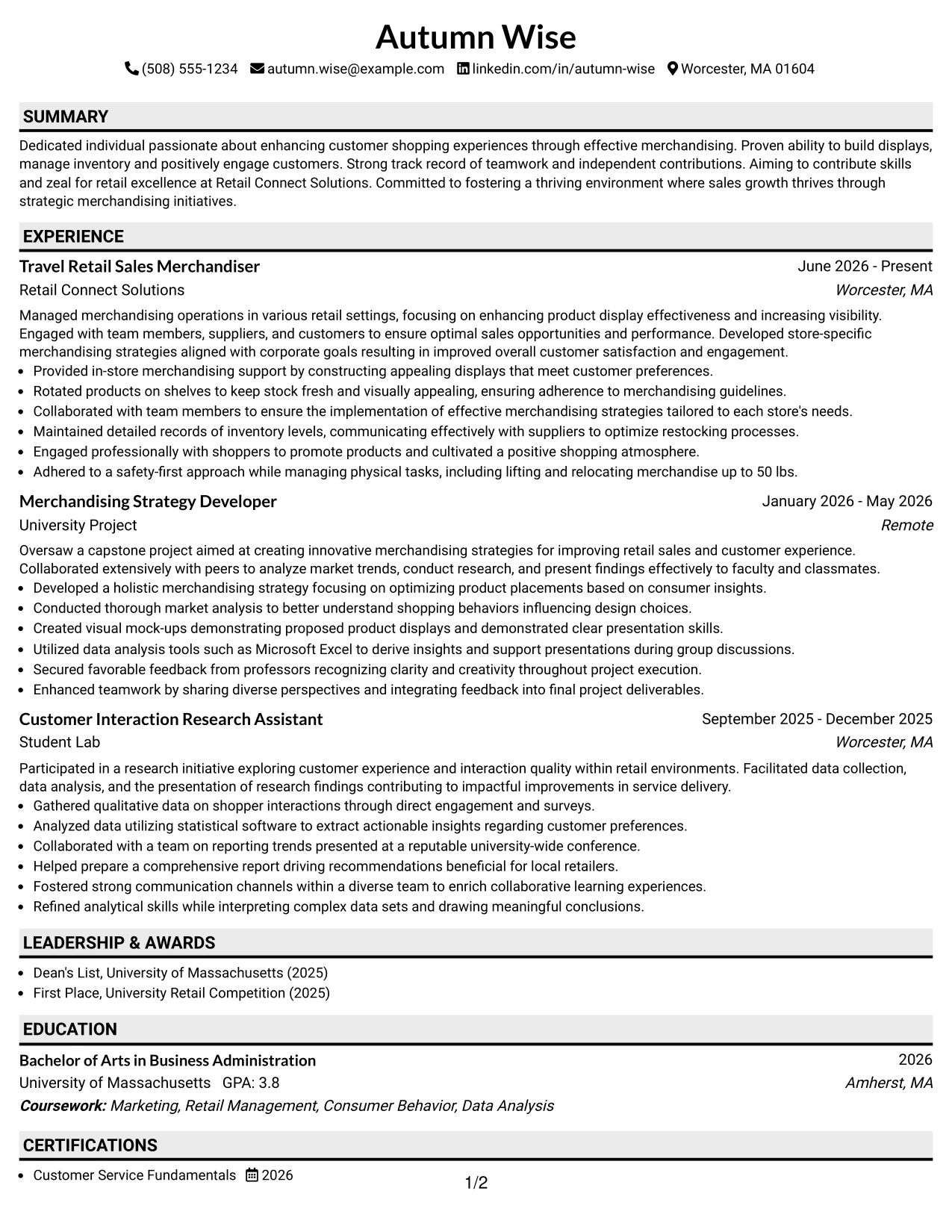 Resume Example Page 1