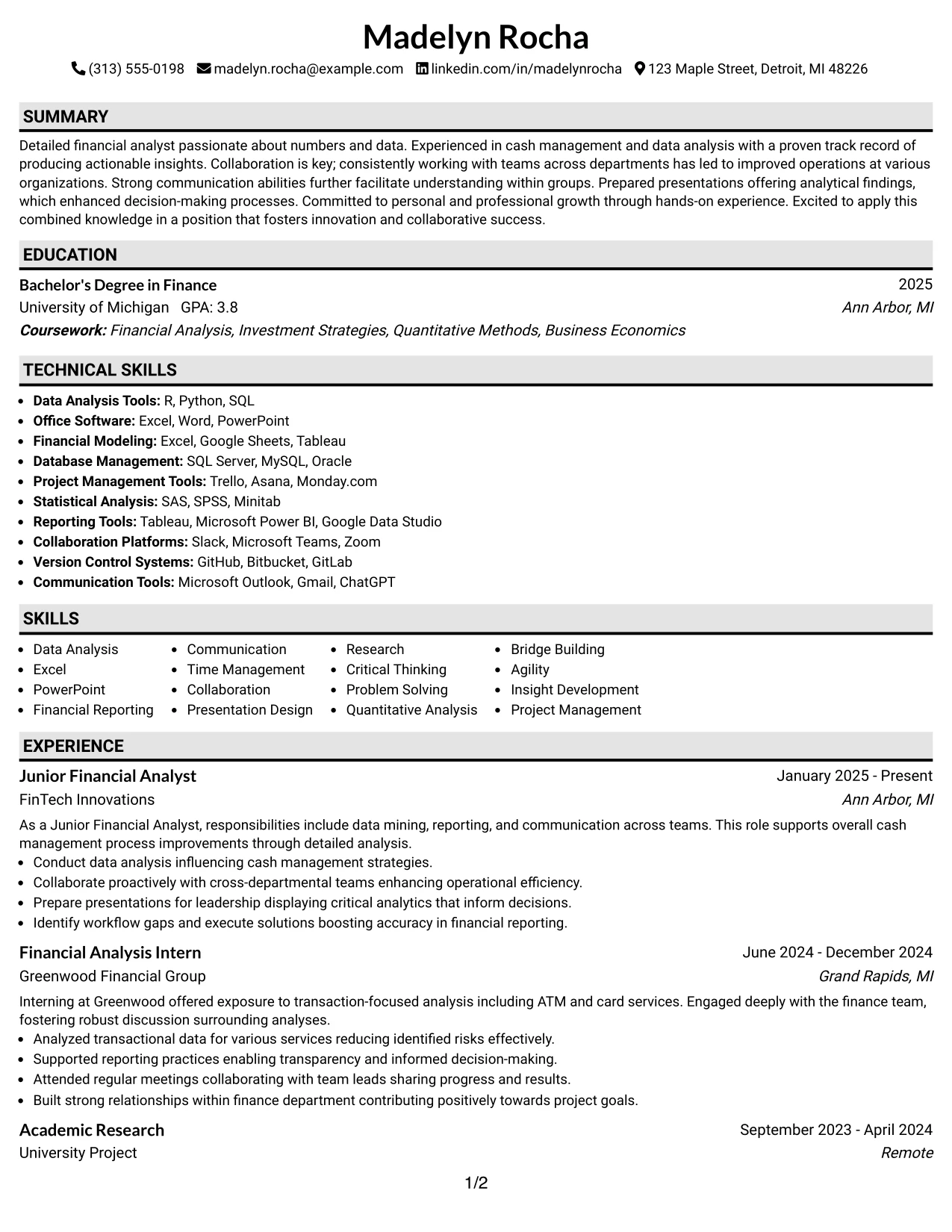 Resume Example Page 1