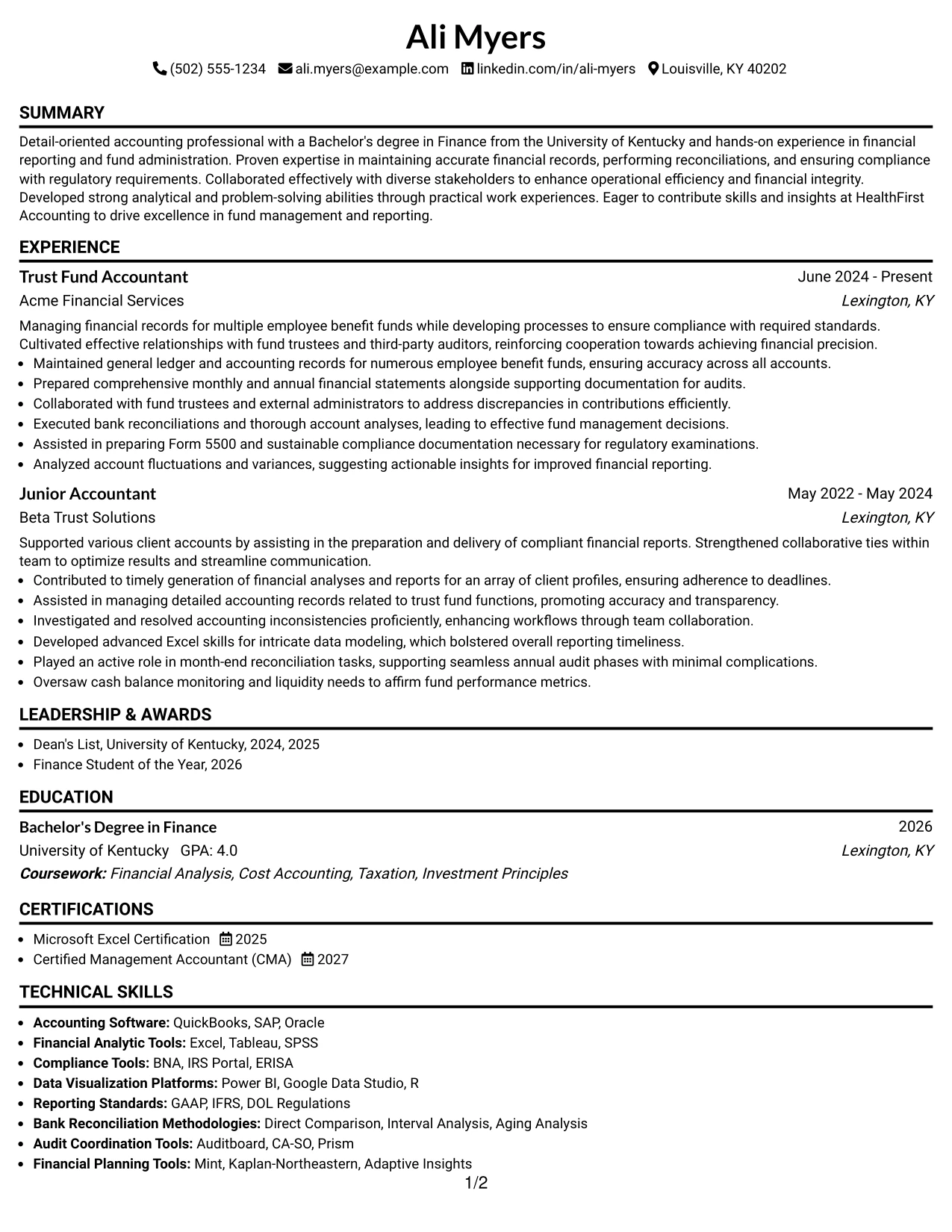Resume Example Page 1