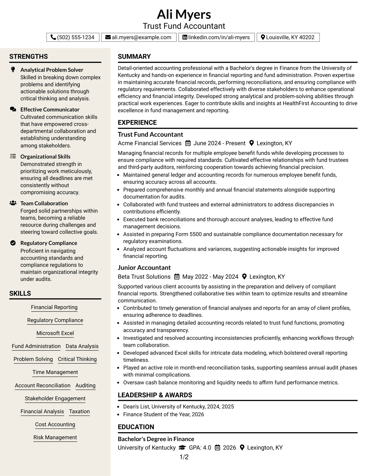 Resume Example Page 1