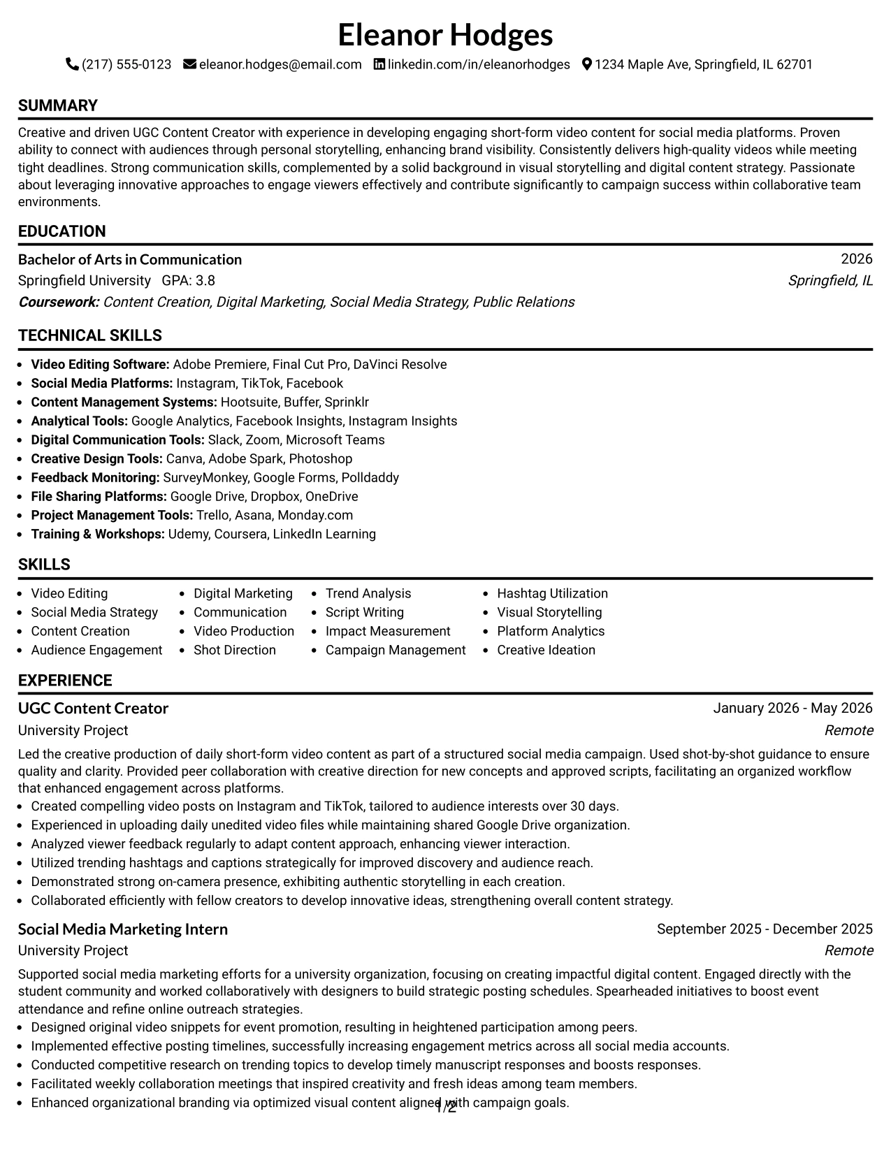 Resume Example Page 1